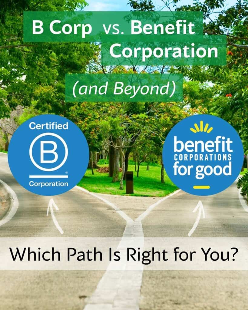 Split path in a park with text comparing ‘B Corp vs. Benefit Corporation (and Beyond)’ at the top. Left path points to the Certified B Corporation logo; right path points to the Benefit Corporations for Good logo. Bottom text reads: ‘Which Path Is Right for You?’